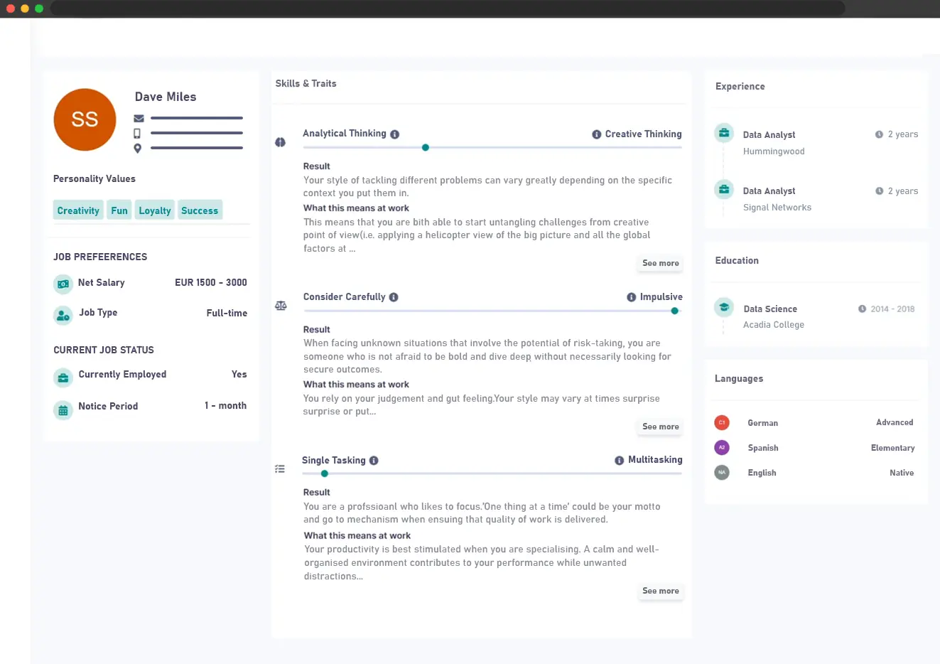 Job candidate profile